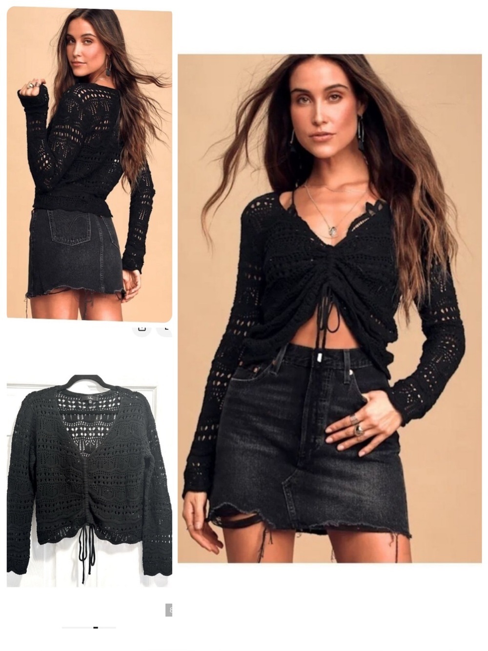 Lulus Only Yours Black Sheer Crochet Ruched Sweater Top Lulu’s Black Sz Medium